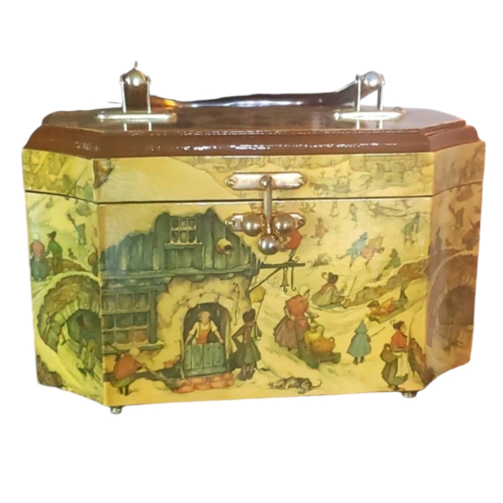 Vintage Anton Pieck Wooden Handbag Box Featuring a Joyous Snowy Town